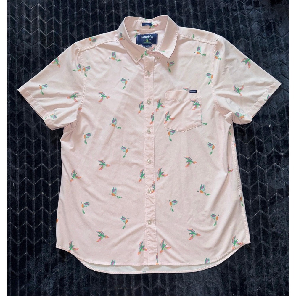 Chubbies Men's The Parrot Party Short Sleeve Button Down Shirt Pink‎ Sz Large